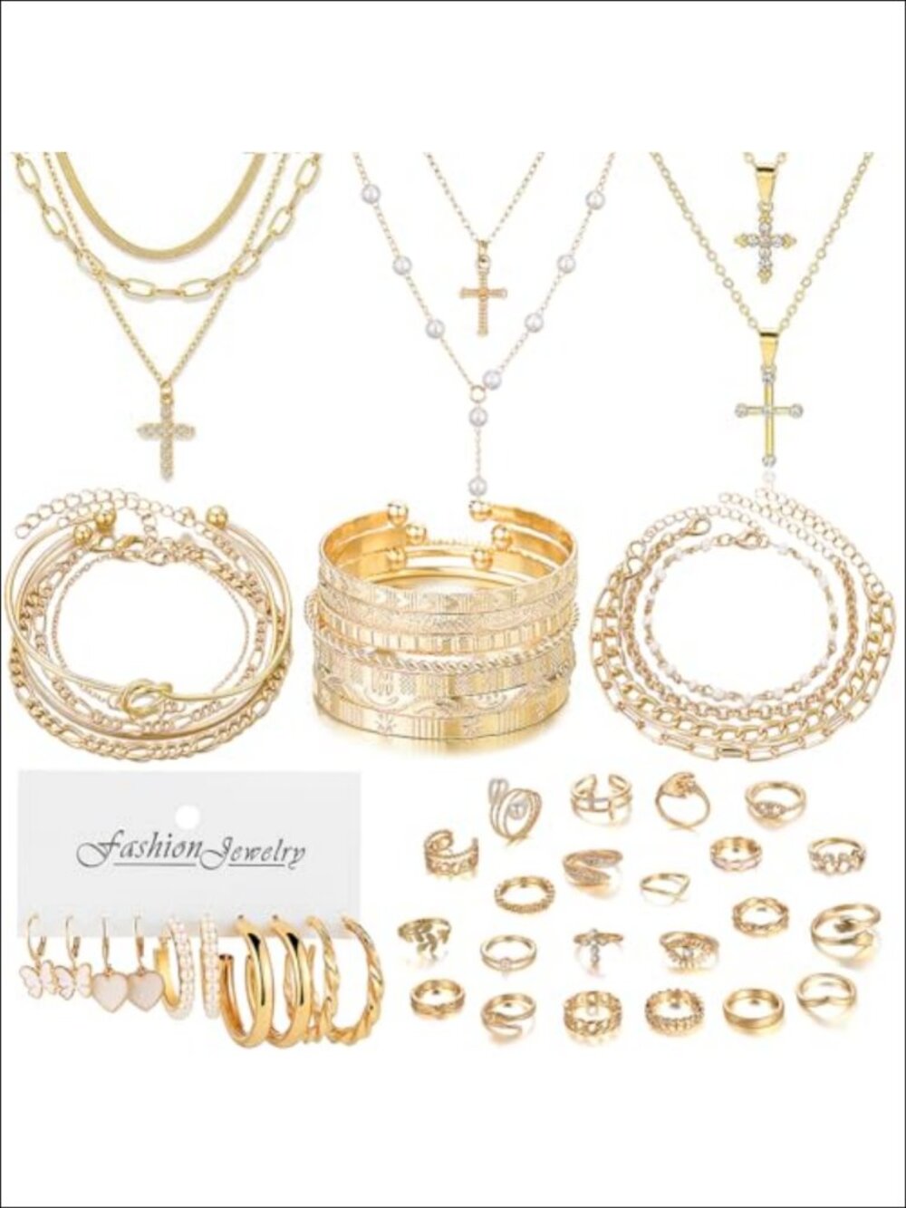 Gold Plated Jewelry Set 49pcs Layered Necklaces Bracelets Earrings Rings